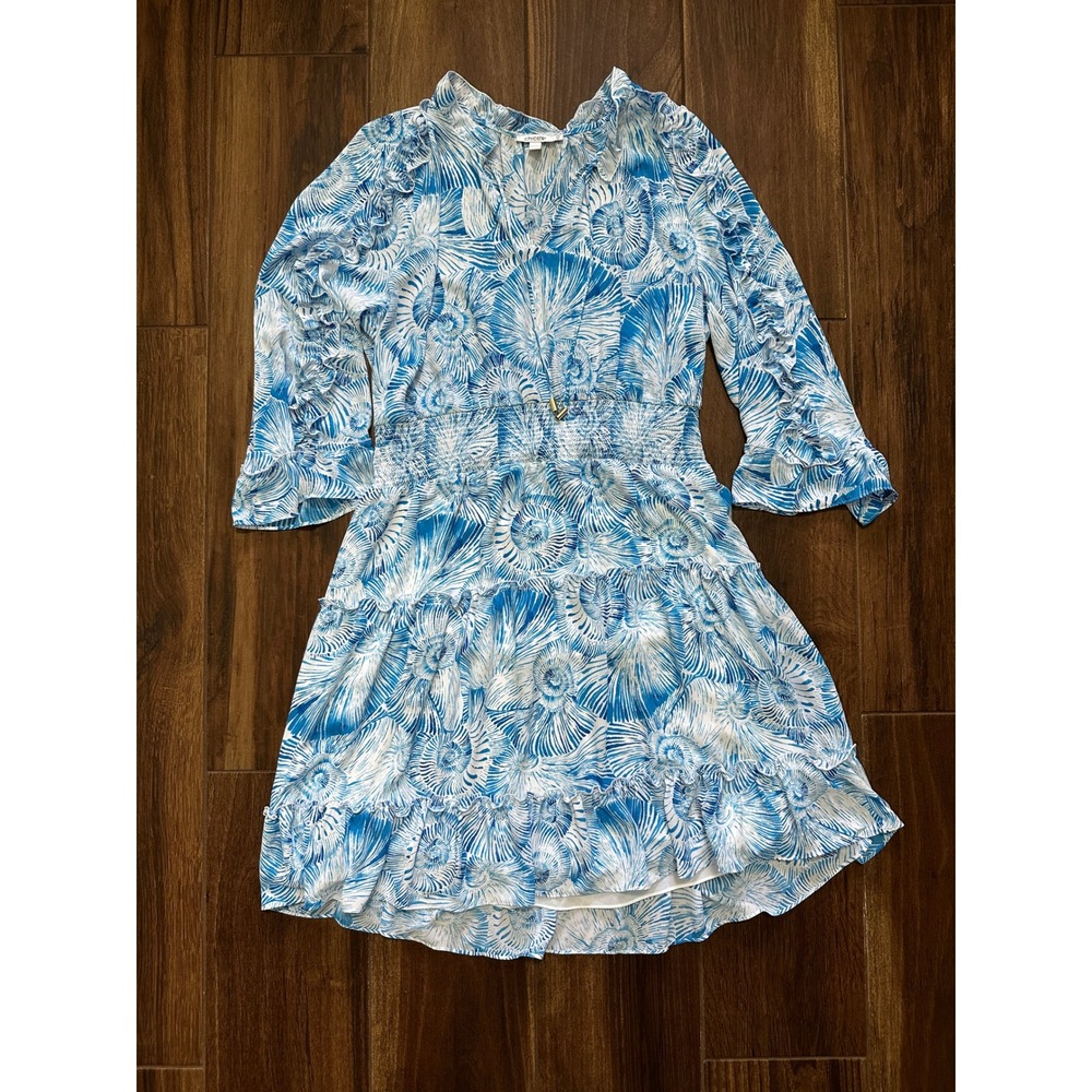 Chicos Poolside Blue Shell Print Smocked Waist Ruffle Dress Size 2.5 US 14 NEW